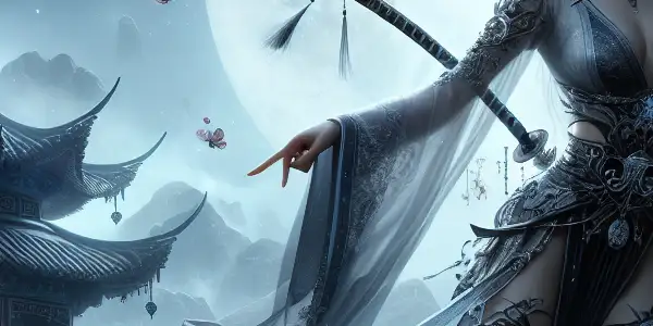 A fierce female warrior in a moonlit Chinese landscape, poised in a dynamic fighting stance with a glimmering sword.