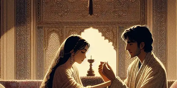 An intimate scene of two characters sharing a tender moment in a softly-lit, cozy room.