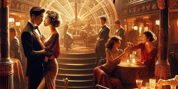 A passionate encounter on a luxurious ship deck, featuring elegantly dressed characters amidst rich cultural elements.