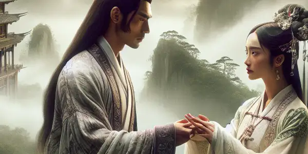 A passionate duel between two martial artists in an ethereal Chinese landscape, blending romance and action.