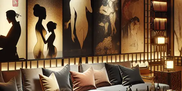 An inviting, sophisticated room with ambient lighting, featuring cinematic elements and artistic representations of adult entertainment themes.