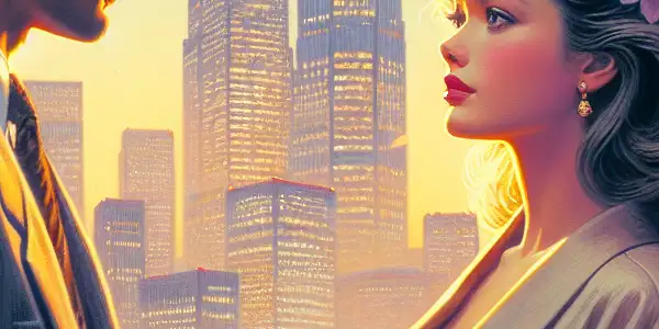 A couple shares a heartfelt conversation under cherry blossoms in a romantic twilight Tokyo setting.