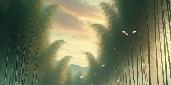 A fierce duel between two warriors in a serene bamboo forest, with cherry blossoms drifting through the air.