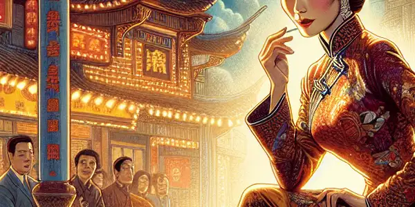 Yeung Yi-Mui in a vibrant 1980s film set, showcasing her iconic elegance and bold presence amidst traditional Chinese architecture.