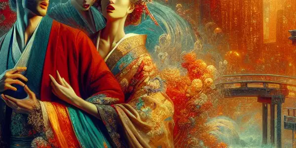 A passionate moment between two characters in a vibrant Hong Kong urban setting, illuminated by neon lights.