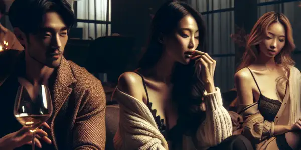 A luxurious apartment scene with diverse adults engaged in flirtatious conversation, creating an intimate and sophisticated atmosphere.