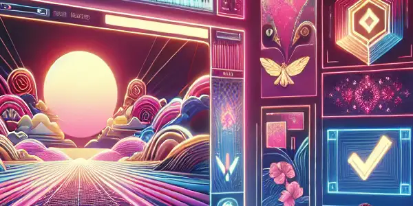 A cozy room with a person watching Japanese films on a large screen, surrounded by vibrant, tech-inspired decor.