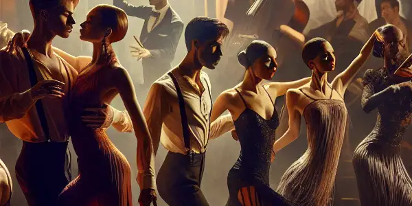 A vibrant jazz club scene with dancers in glamorous costumes performing passionately, captivating an enthralled audience.