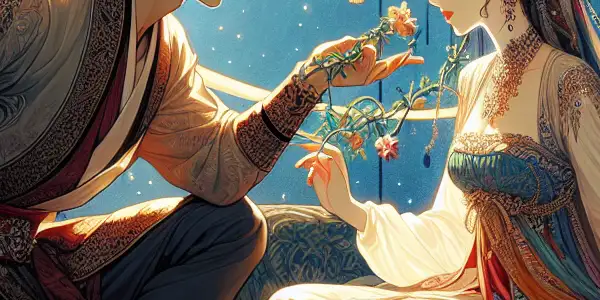 A romantic scene between two characters in a lush, exotic garden, embodying passion and intrigue.