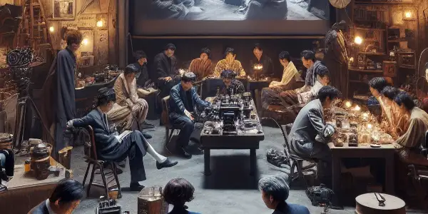 A diverse group of filmmakers in an underground studio, focused on a movie screen showcasing a fictional adult film.