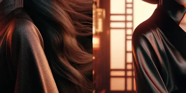 Two confident characters inspired by South Korean actresses in a luxurious, dimly-lit room blending traditional and modern aesthetics.