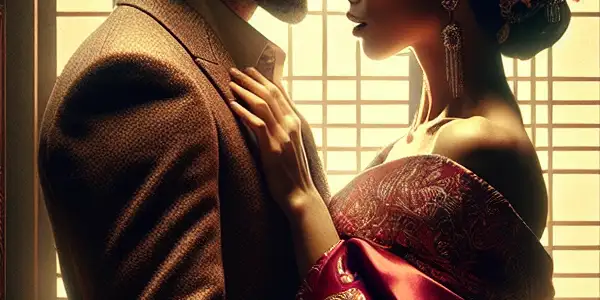 A passionate couple embraces in an intimate, atmospheric setting blending Western and Japanese erotic themes.