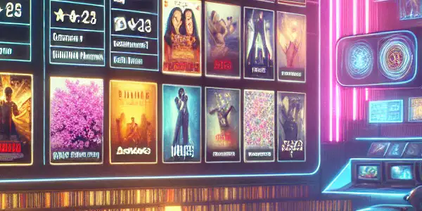 A vibrant digital interface showcasing a vast library of adult film genres with neon colors and cinematic elements.