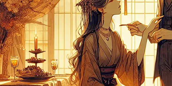 A warm, intimate scene capturing human connection with elegant characters in a serene, romantic setting.