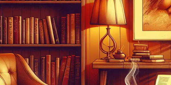 A cozy reading nook with an armchair, coffee, eBooks, and warm lighting, evoking intimacy and relaxation.