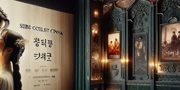 A luxurious movie theater showcasing Korean adult films, featuring plush seating, dramatic film stills, and intimate lighting.