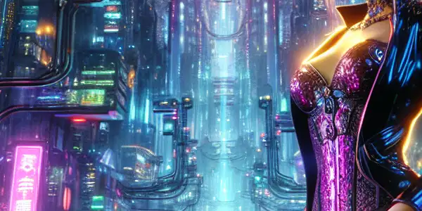 A confident female character in a cyberpunk outfit stands in a neon-lit dystopian cityscape filled with robots and technology.