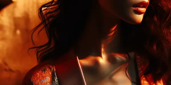 A tastefully posed model in an intimate setting, embodying sensuality and elegance through dramatic lighting and rich colors.