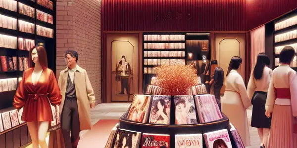 A modern adult entertainment store with diverse shoppers exploring shelves of vibrant adult films in an inviting atmosphere.