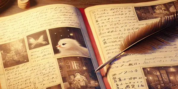 An open diary on a wooden table, filled with sketches of '80s and '90s Japanese adult films, surrounded by film reels and a warm lamp.