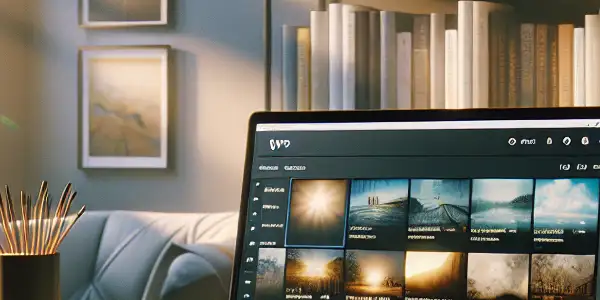 A serene home office featuring a modern desk, laptop with film thumbnails, and a bookshelf on Japanese cinema.<a href=