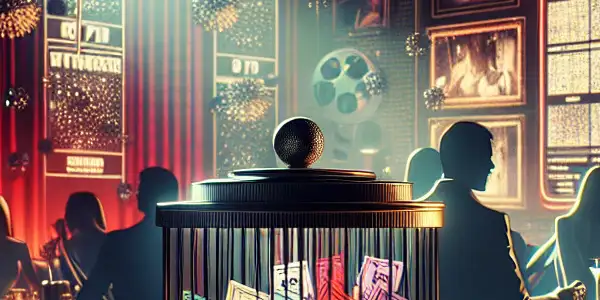 A luxurious adult lounge featuring a prominent lottery box filled with colorful tickets and silhouettes of animated discussions.