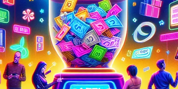 A lively online lottery event featuring diverse participants, a colorful prize wheel, and vibrant adult entertainment themes.