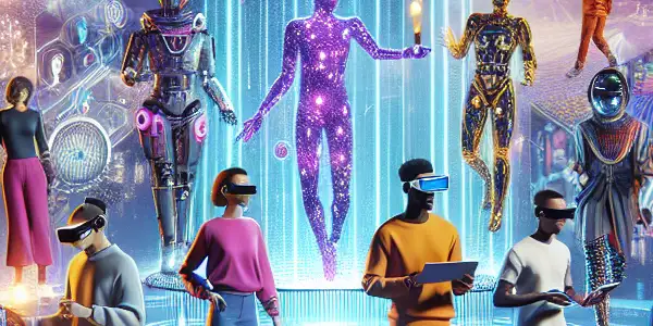 A futuristic virtual theater showcasing advanced AI and VR technologies for interactive adult entertainment experiences.