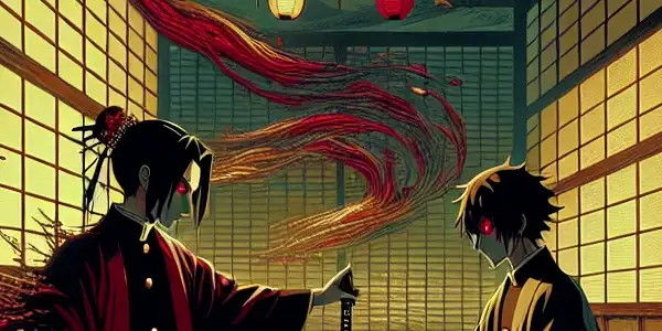 A dramatic scene of two characters expressing intense longing and passion in a dimly lit Japanese-inspired setting.