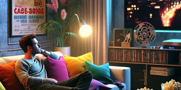 A cozy home theater scene featuring a young man lounging on a plush couch surrounded by vintage movie posters and snacks.