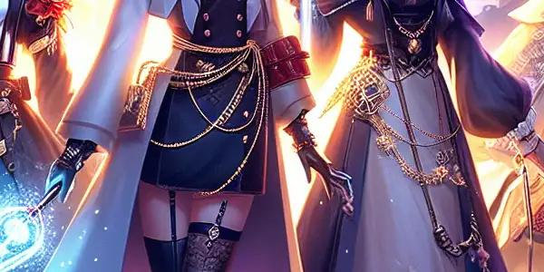 A group of four enchanting female warriors in revealing outfits, set against a twilight cityscape, embodying strength and allure.