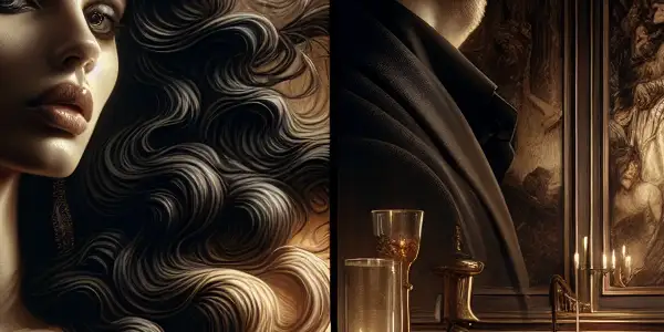 A luxurious room featuring two beautiful actors exuding allure and intimacy in a warm, sophisticated atmosphere.