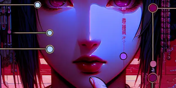 A charismatic protagonist in emotional conflict, surrounded by vibrant colors and a sensual, mysterious atmosphere.