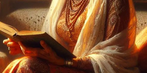 An elegant older woman exuding charm and wisdom in a cozy, warmly lit living room, surrounded by books.