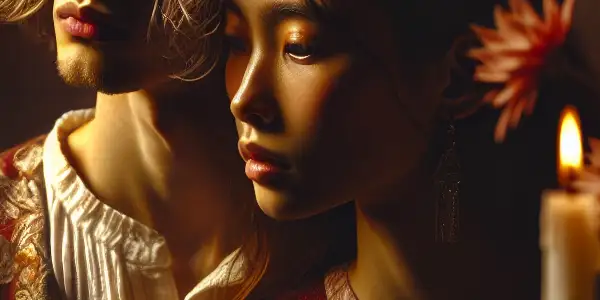 An intimate bedroom scene depicting two characters sharing a moment of deep emotional connection and desire.