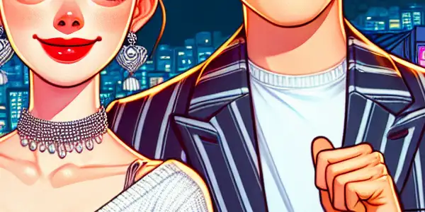 A quirky woman and awkward man share a playful, romantic moment in a vibrant Seoul nightlife setting.