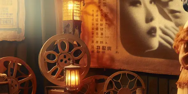 A vintage film studio scene featuring a couple in a tender embrace, evoking romantic tension and nostalgia.