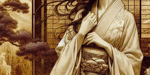 A sensual scene featuring a graceful woman in a kimono, set in a dimly lit room with cherry blossoms.